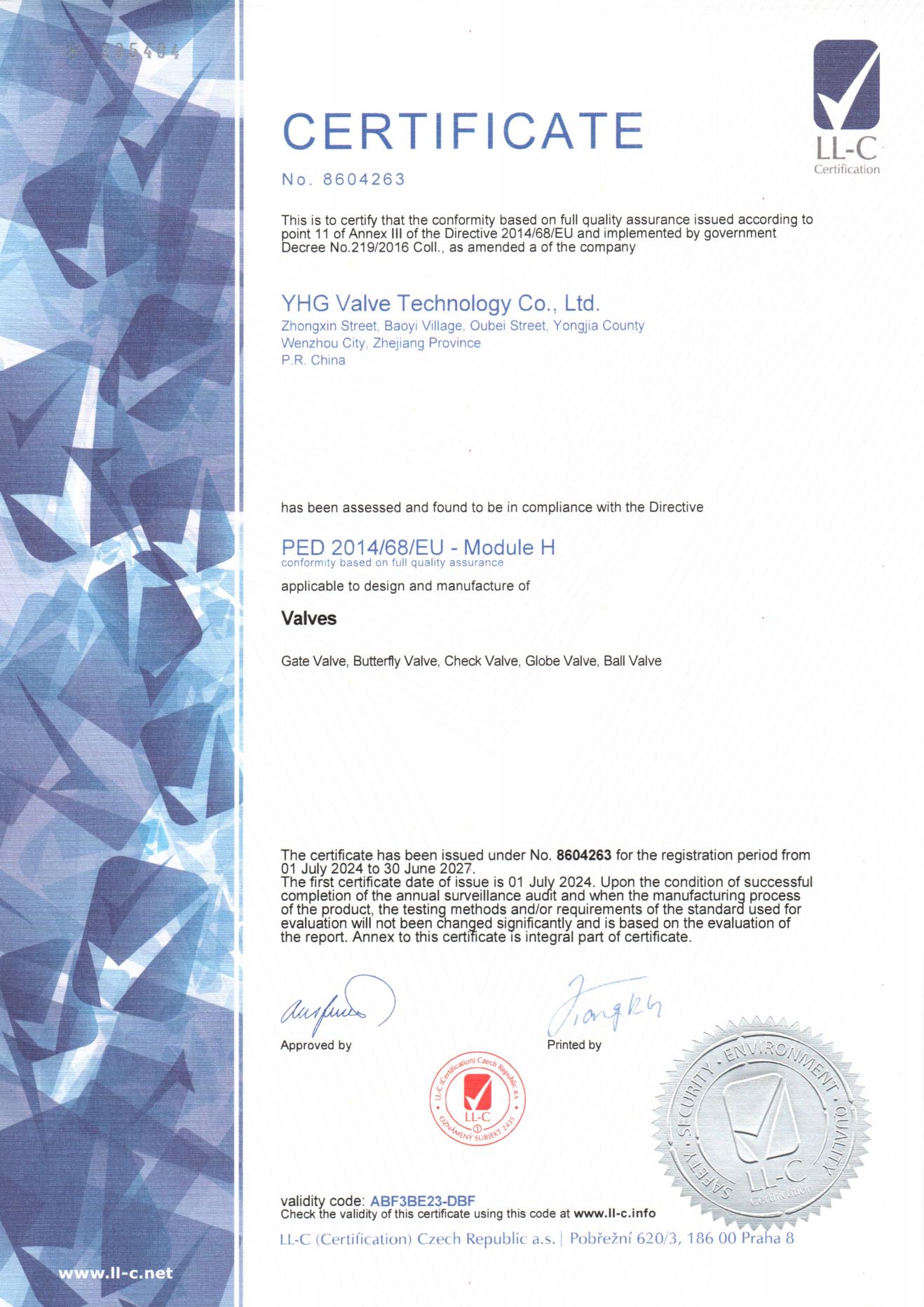 PED CERTIFICATE